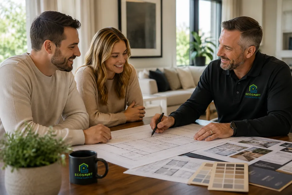 EcoSmart Custom Homes meeting with homeowners to discuss custom home building plans in Rochester, MN.