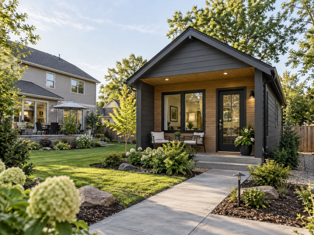 Detached accessory dwelling unit built in a Rochester, MN backyard.