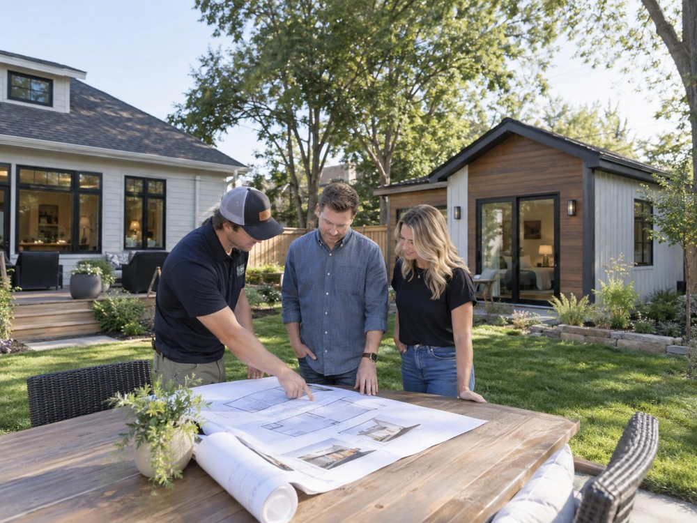 Homeowners reviewing ADU design plans with a builder in Rochester, MN backyard.
